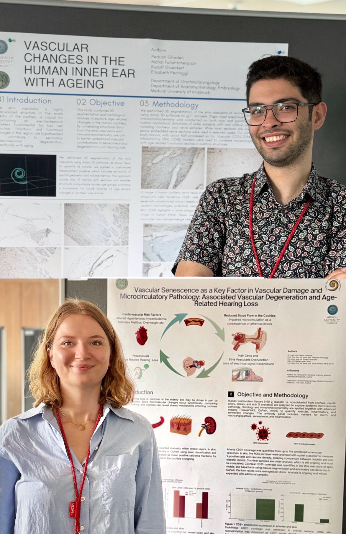 Das Doktorandenteam Dr.med.vet. Pedram Ghaderi Shadbad und Dr.in med.univ. Marta Konopka des Institutes für Klinisch-Funktionelle Anatomie beim Workshop zur Innenohrbiologie in Tübingen