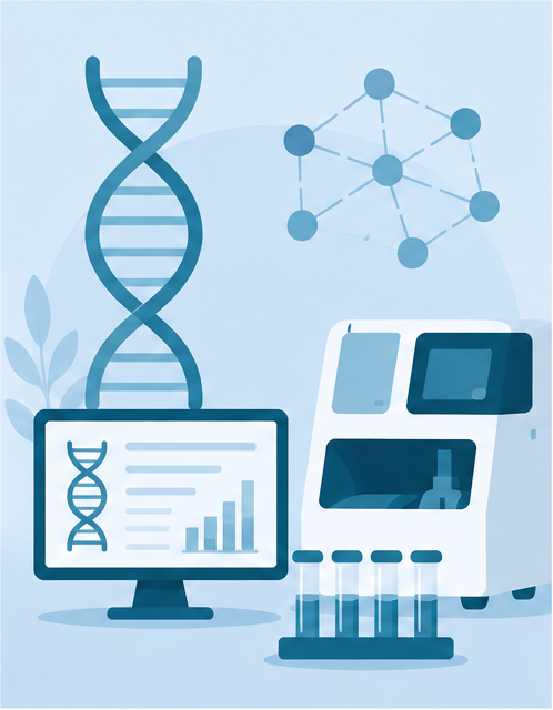 Abstrakte Darstellung der Fachgebiete mit DNA und moderner Labortechnologie