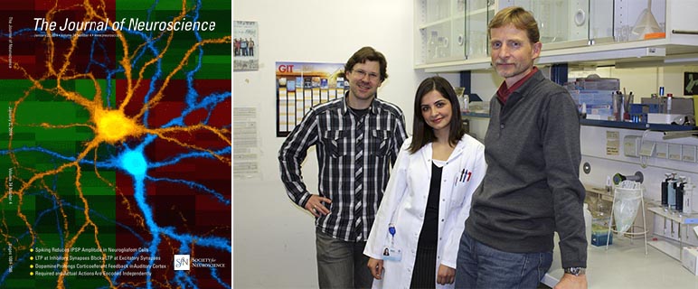 Ao.Univ.-Prof. Bernhard Flucher, PhD-Studentin Solmaz Etemad & Assoz. Univ.-Prof. Gerald Obermair (v.re. n. li) mit dem Titelblatt der aktuellen Ausgabe des „Journal of Neuroscience“ ( 22 January 2014, 34(4))