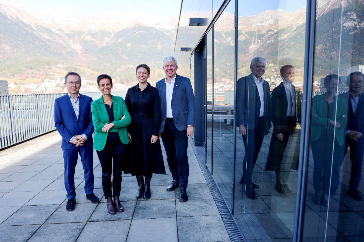 Das neue Team, v.l.: die Vizerektor:innen Wolfgang Prodinger, Irene Häntschel-Erhart, Patrizia Stoitzner und Rektor Gert Mayer. (c)MUI/Bullock